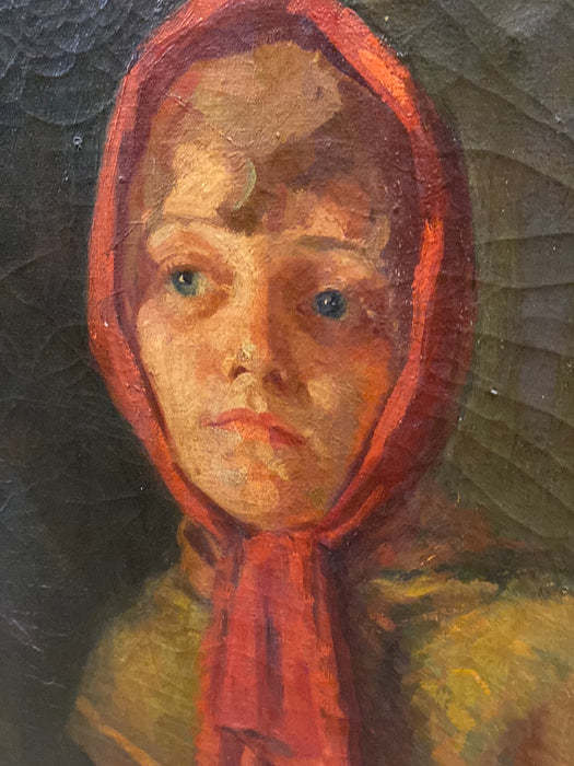 OIL PAINTING OF WOMAN IN RED SCARF BY TEXAS ARTIST RUBY STONE
