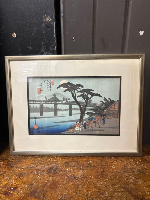 CHINESE WOOD BLOCK PRINT OF PEOPLE ON A BRIDGE