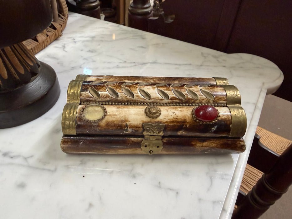 ORNATE BONE AND BRASS BOX AS FOUND