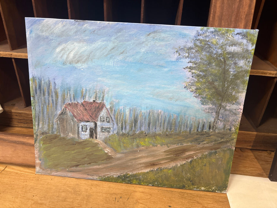 SMALL UNFRAMED PAINTING OF HOUSE ON ROAD