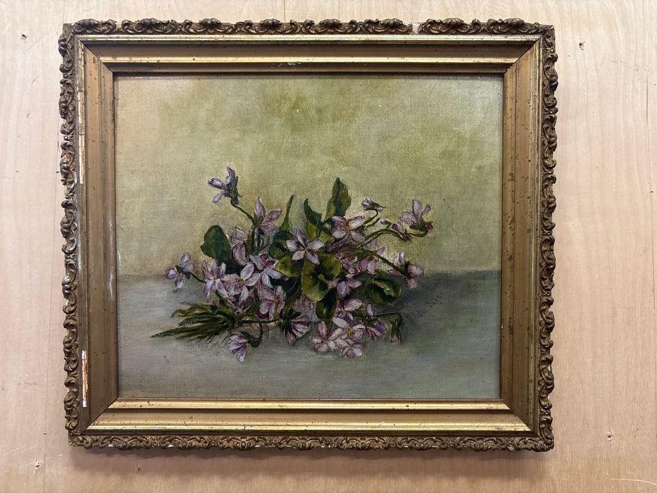 SMALL ORNATE GILT FRAMED OIL PAINTING OF PURPLE FLOWERS - SIGNED