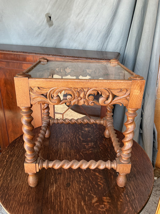 SMALL SQUARE GLASS TOP BARLEY TWIST  OAK TUDOR TABLE
