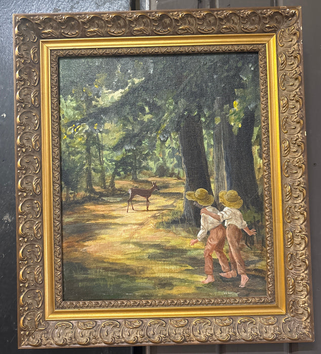 SMALL OIL PAINTING OF BOYS AND DEER ON A DIRT ROAD
