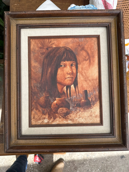 SMALL FRA,ED OIL PAINTING OF A PUEBLO GIRL SIGNED TONY M. SANDOVAL