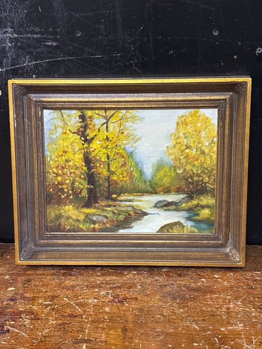 BROWN AND GOLD FRAMED AUTUMN LANDSCAPE WITH RIVER - SIGNED BETTY EARL
