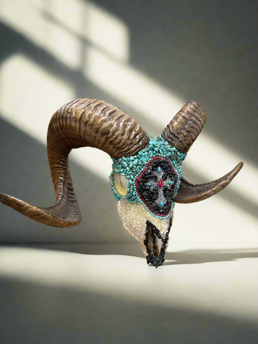 TURQUOISE ENCRUSTED RAMS HEAD SKULL WITH HORNS