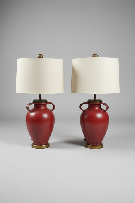 PAIR OF RED POTTERY LAMPS
