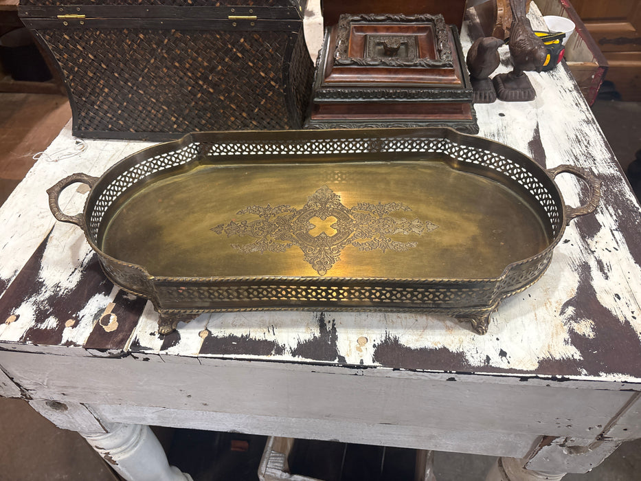 LARGE BRASS SERVING TRAY WITH GALLERY RAIL