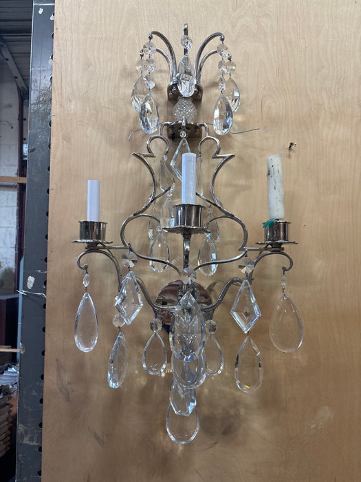 PAIR OF LARGE SILVER WALL SCONCES WITH PRISMS