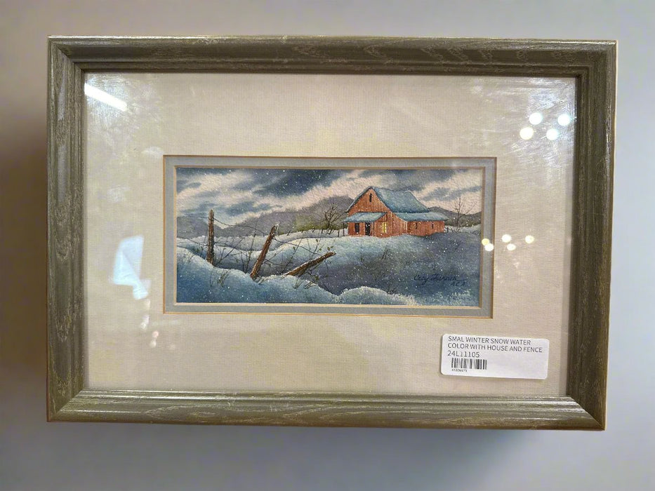 SMAL WINTER SNOW WATER COLOR WITH HOUSE AND FENCE