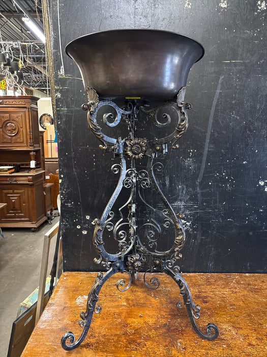 AS FOUND IRON STAND WITH COPPER BOWL BY THEODORE ALEXANDER