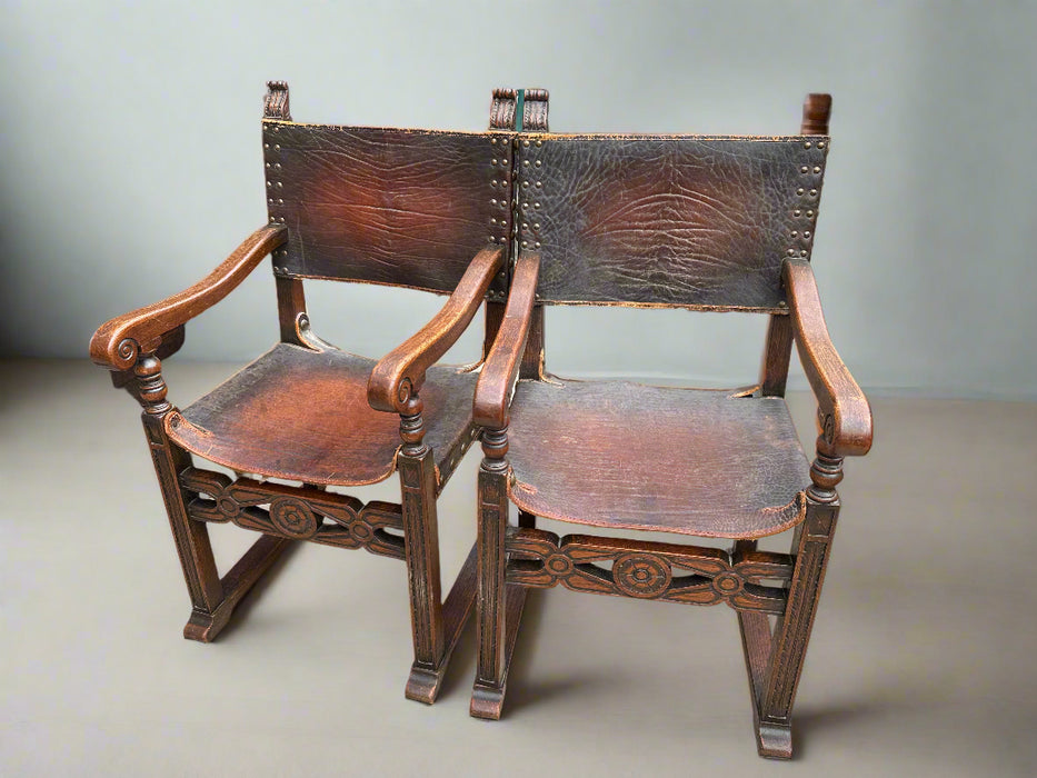PAIR OF SPANISH LEATHER ARM CHAIRS