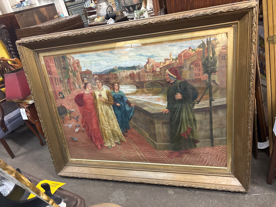 LARGE ORNATE GILT FRAMED PAINTING OF WOMEN ON BRIDGE WALK