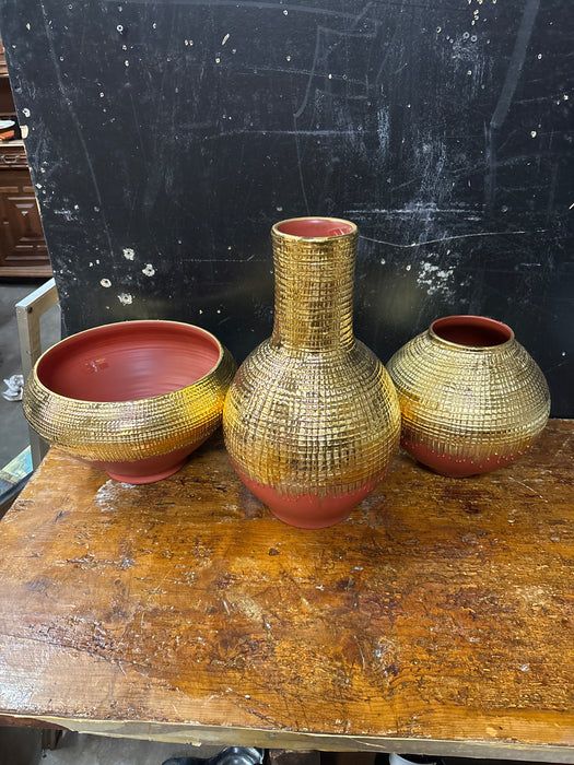 SET OF 3 GOLD GLAZED TERRACOTTA VASES