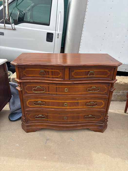 SERPENTINE INLAID 5 DRAWER WALNUT CHEST WITH LARGE BRASS PULLS