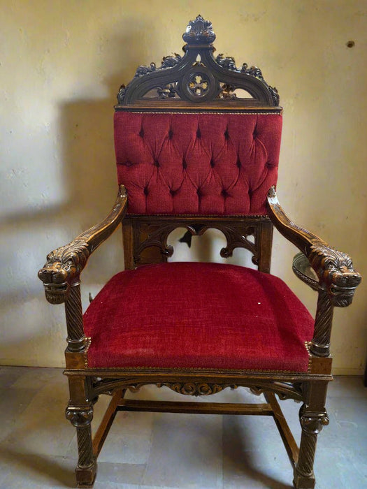 GOTHIC RED UPHOLSTERED CHAIR WITH LION HEAD