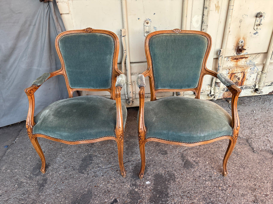 PAIR OF LOUIS XVI GREY UPHOLSTERED FAUTEUIL CHAIRS