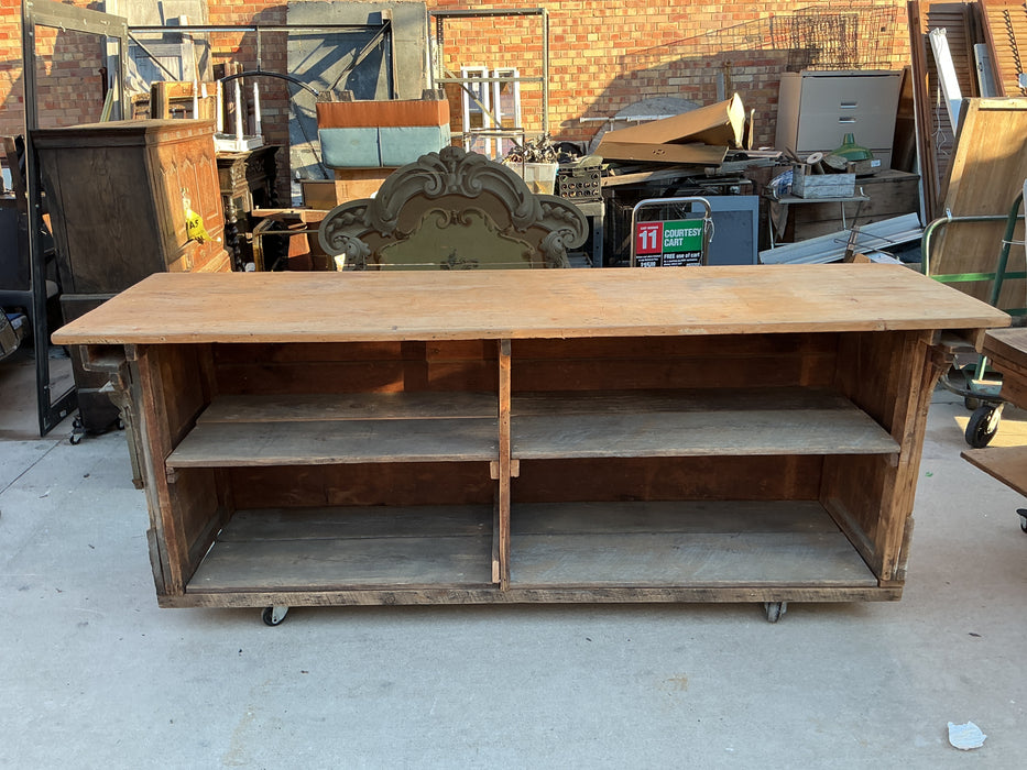 LARGE PAINTED SHOP COUNTER ON CASTERS