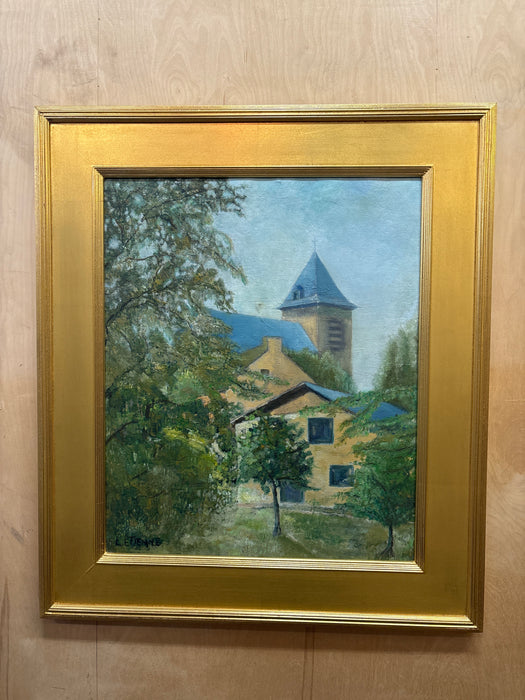 THICK GOLD FRAMED CHURCH OIL PAINTING - SIGNED L. ETIENNE
