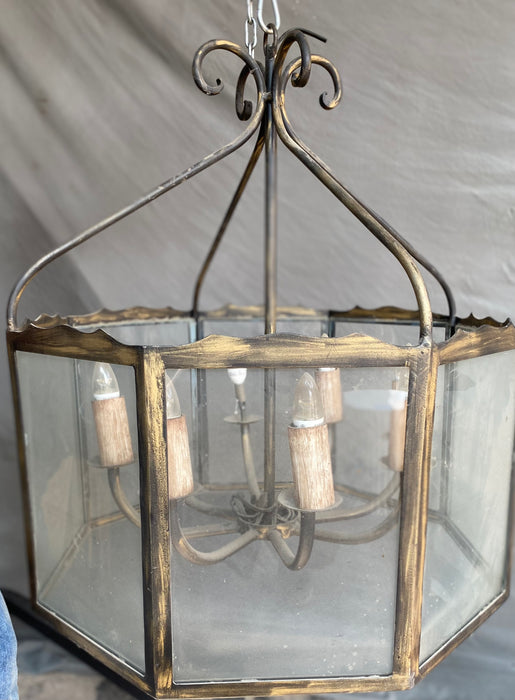 LARGE ROUND METAL CHANDELIER WITH GLASS PANELS