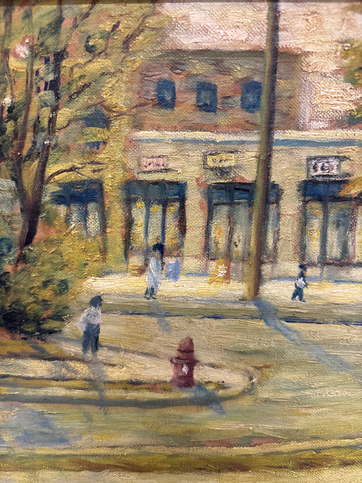 SMALL BROWN AND GREEN FRAMED IMPRESSIONIST STREET SCENE - SIGNED BALANCHY