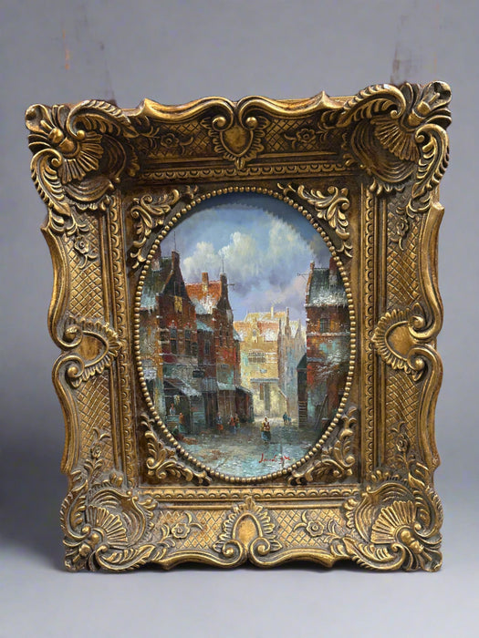 OVAL IMPRESSIONIST EUROPEAN TOWN OIL PAINTING IN RECTANGULAR FRAME