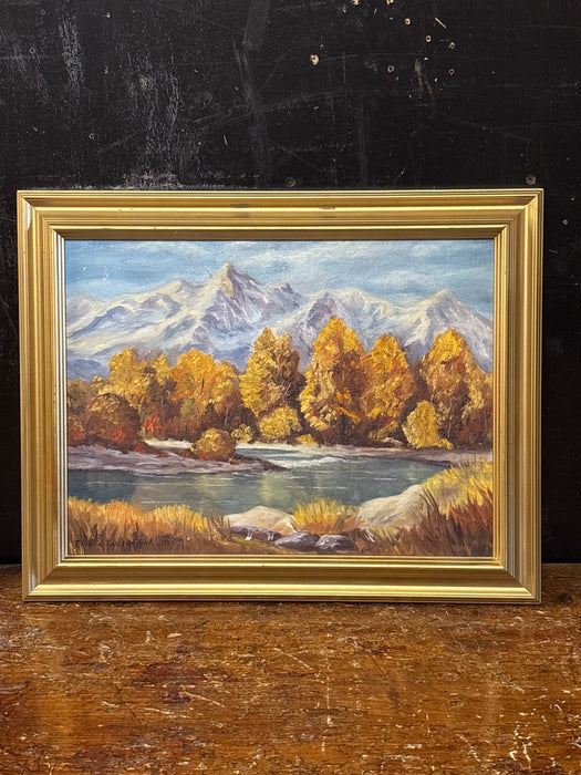 GOLD FRAMED AUTUMN MOUNTAIN SCENE WITH RIVER - SIGNED ELVORA LANSDOWNE 1972