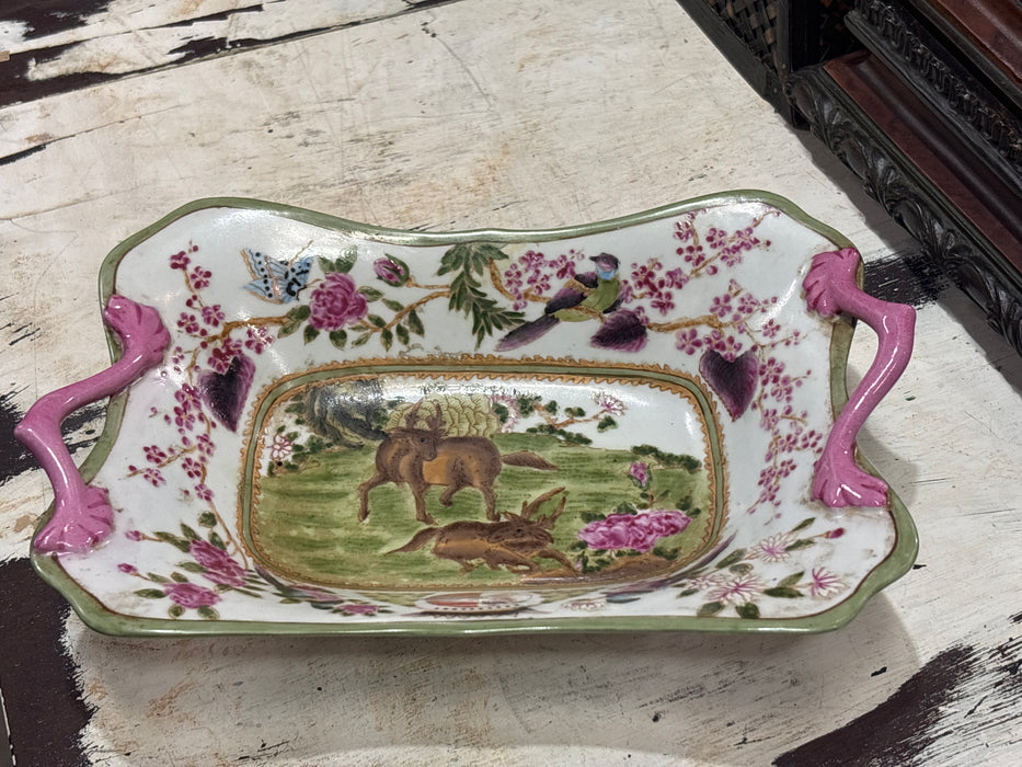SMALL GREEN AND PINK FLORAL COMPOTE WITH DEER AND HANDLES
