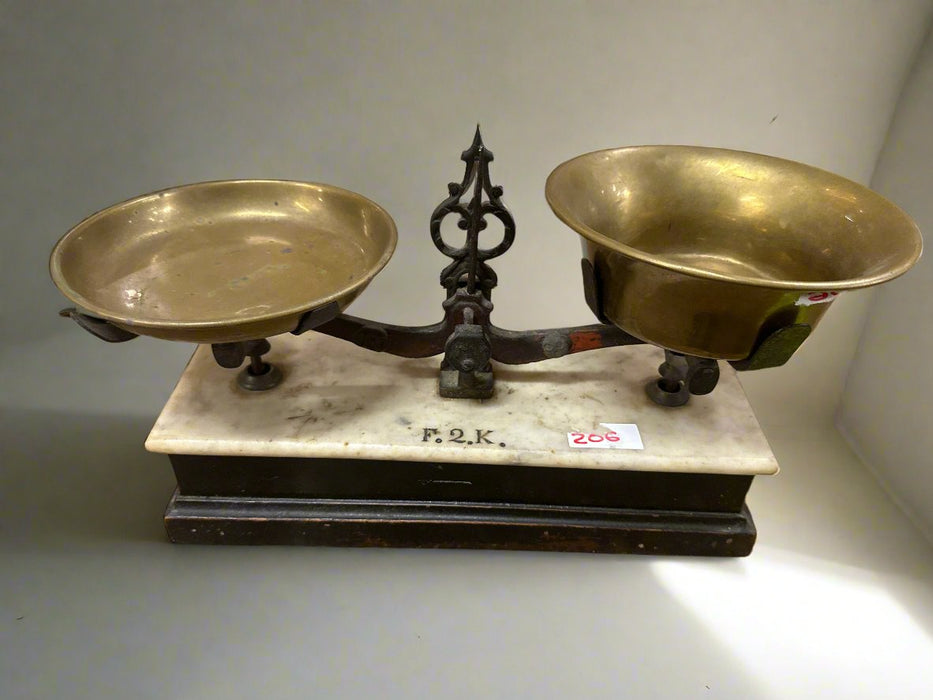 SMALL BRASS SCALE ON WOOD AND MARBLE BASE