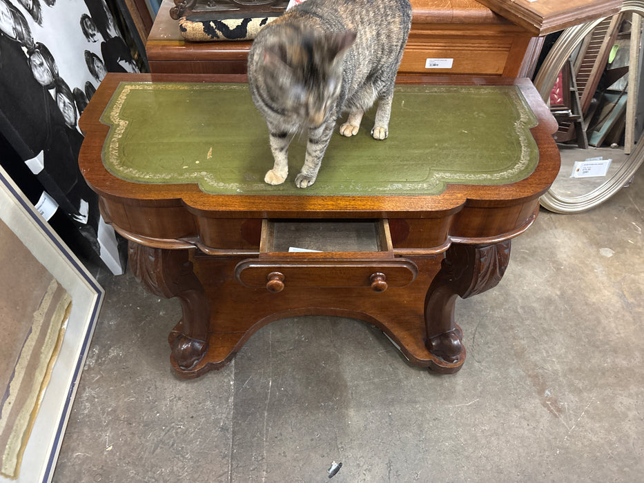 LATE 1800S GREEN LEATHER TOP CONSOLE LIBRARY TABLE