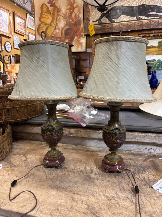 PAIR OF RED AND GREEN METAL CUPID LAMPS WITH GREEN SHADES