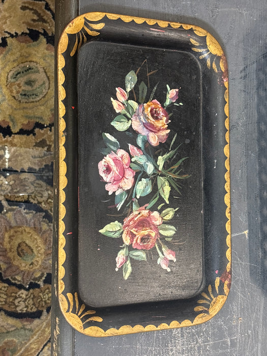 SMALL BLACK AND GOLD FLORAL PAINTED TOLE TRAY