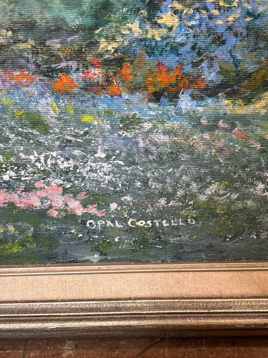 FRAMED OIL PAINTING ON CANVAS OF WOMAN AND GIRL PICKING FLOWERS - SIGNED OPAL COSTELLO