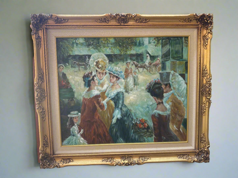 GILT FRAMED OIL PAITING OF DRESSED UP LADIES WITH HATS SIGNED SIMON DRESSED