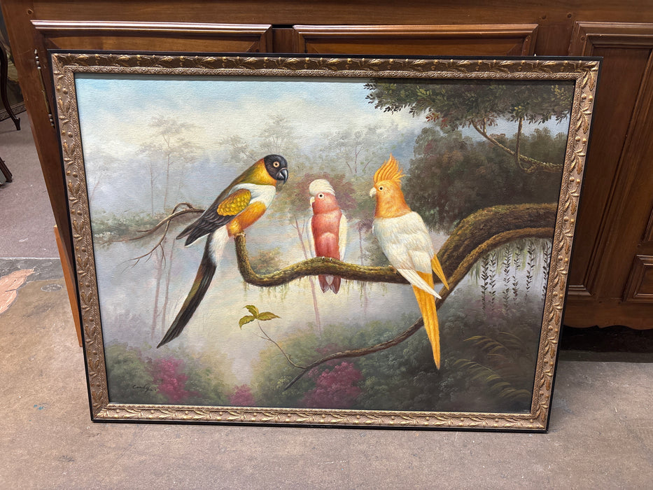LARGE ORNATE FRAMED OIL PAINTING OF EXOTIC BIRDS ON BRANCH - SIGNED