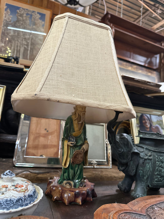CHINESE GREEN ROBED ELDER LAMP POTTERY