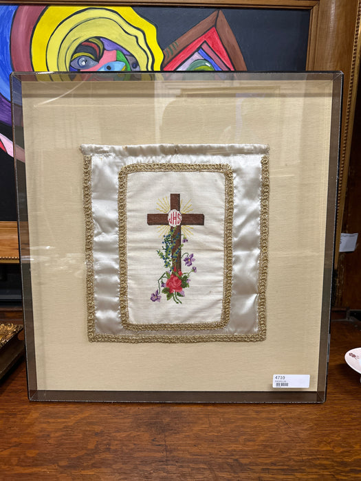 LUCITE SHADOW BOX FRAMED EMBROIDERY OF HOLY CROSS
