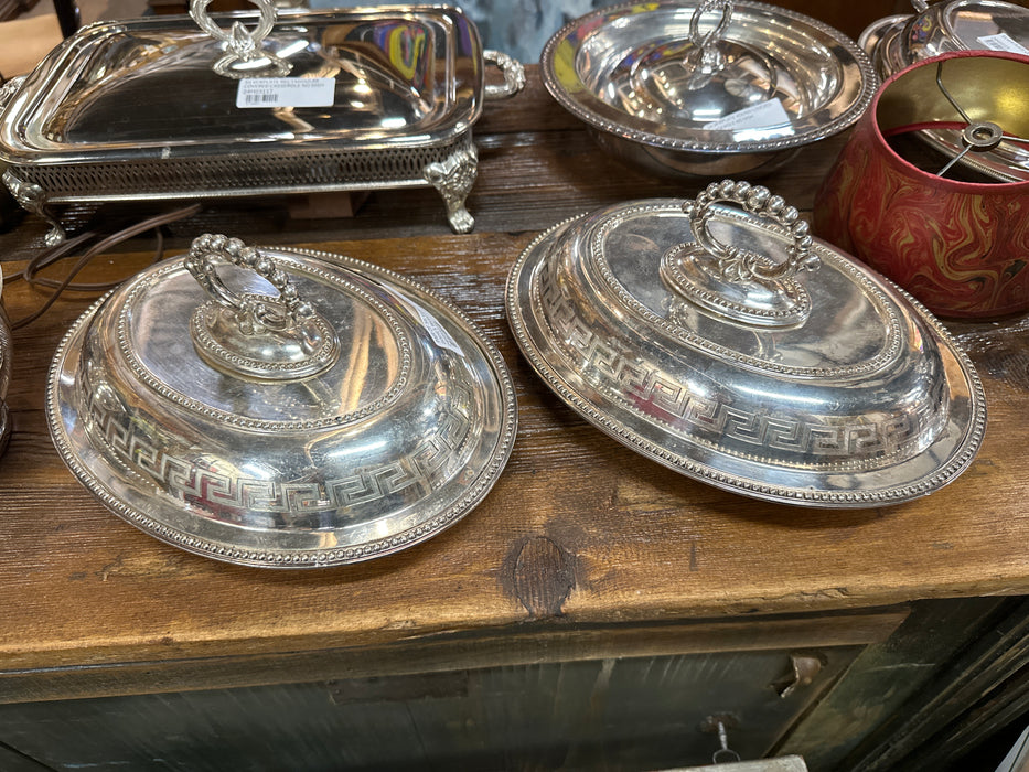 PAIR OF SILVERPLATE COVERED DISHES WITH GREEK KEY