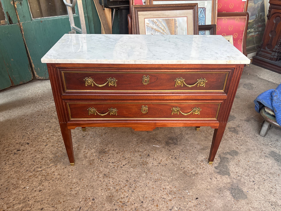 LOUIS XVI WHITE MARBLE TOP 2 DRAWER TAPER LEG CHEST
