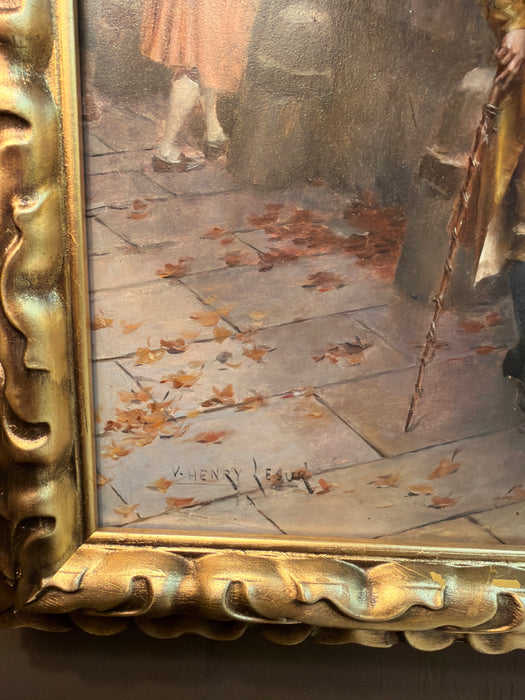 FRAMED OIL PAINTING OF A FRENCH CITY SCAPE WITH COUPLE ON A BRIDGESIGNED HENRY VICTOR LESURE (1862-1937)