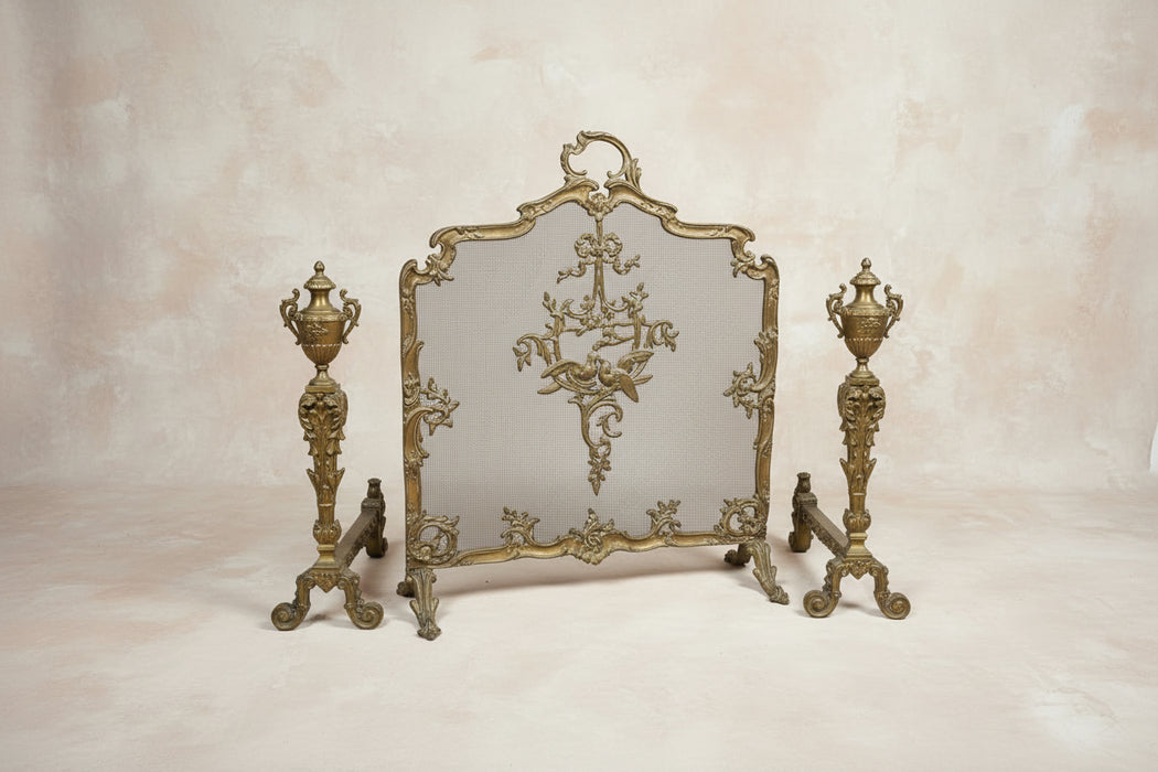 BRASS ANDIRON AND FIRE SCREEN SET