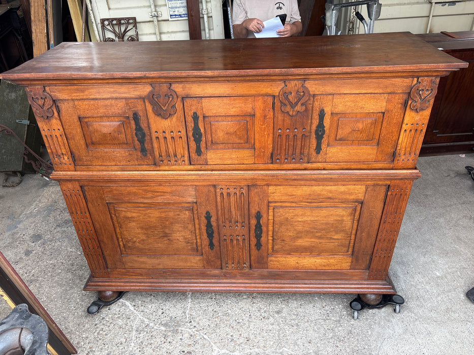 2 PIECE FLEMISH OAK 5 DOOR STACKING CABINET
