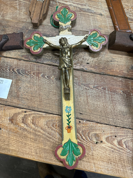 LARGE PAINTED OAK CRUCIFIX