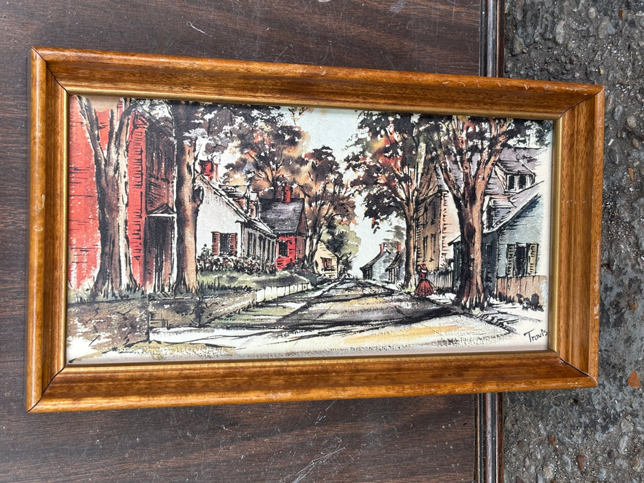 SMALL WOOD FRAMED PRINT OF NEIGHBORHOOD - SIGNED TRAVIS