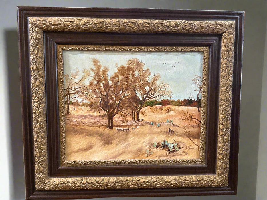 FRAMED WESTERN LANDSCAPE OIL PAINTING WITH DOG AND SHEEP BY MAUDE WATERS