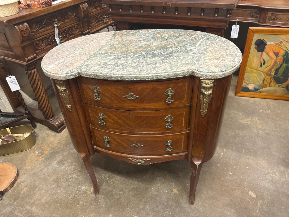 GREEN MARBLE TOP SHAPED 3 DRAWER CHEST ON LEGS