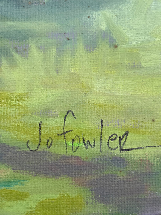 RED FRAMED OIL PAINTING OF BARN ON PANEL SIGNED JO FOWLER