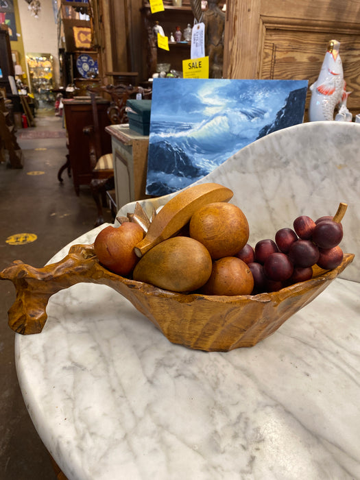 CARVED WOOD BOWL WITH WOOD FRUIT