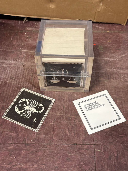LUCITE CUBE BOX WITH ZODIAC CARD GAME