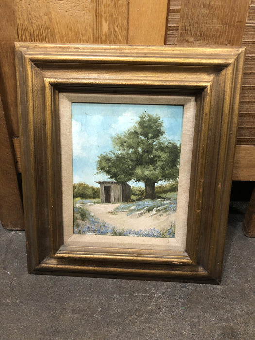 FRAMED SHED NEAR A TREE PAINTING SIGNED RON VAUGHAN